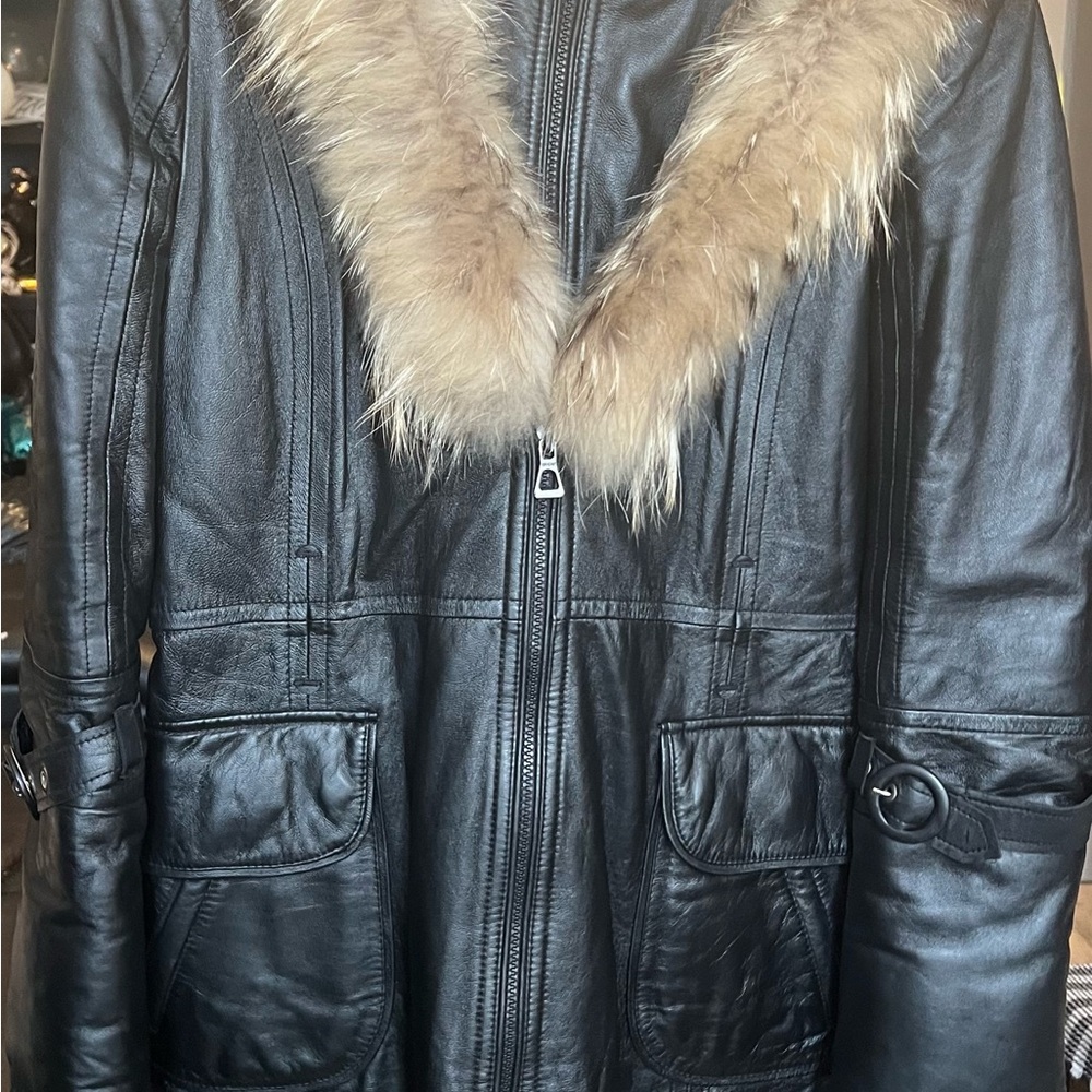 Black Leather Coat with Fur Collar